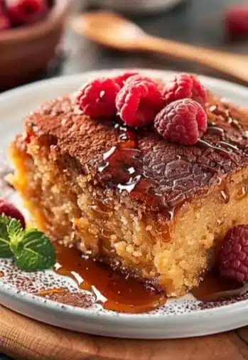 Dessert pouding chômeur servi dans un plat en céramique