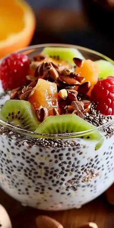Pudding de graine de chia servi avec des fruits frais et des noix