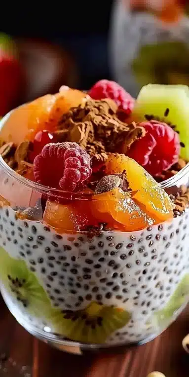 Pudding de Graines de Chia servi dans un bol avec des fruits frais.