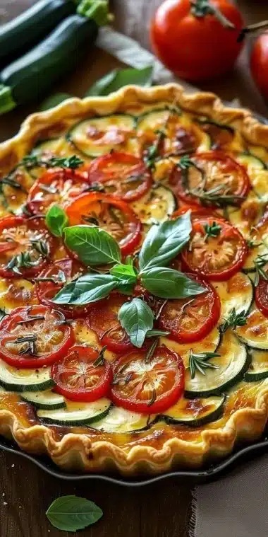 Quiche aux courgettes et tomates fraîchement cuite, parfaite pour un repas léger