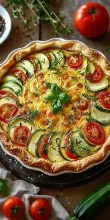 Quiche courgette tomate fraîchement cuite sur une assiette