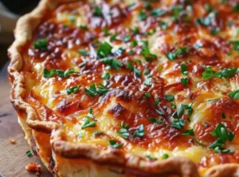 Quiche Lorraine délicieuse garnie de lardons et de fromage, parfaite pour un repas savoureux.