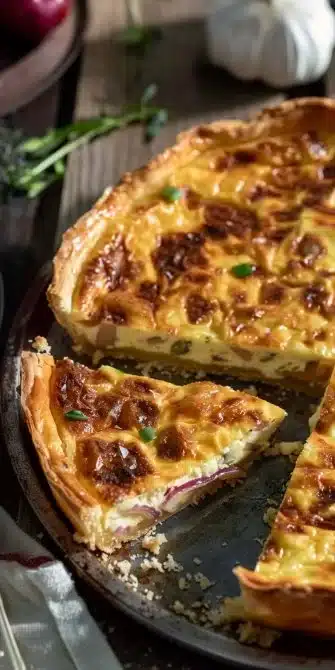 Quiche Lorraine avec lardons et crème, plat traditionnel français.