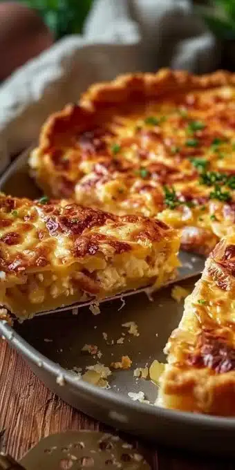 Quiche Lorraine savoureuse avec lardons et crème dans un plat de cuisson