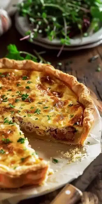 Quiche Lorraine préparée avec lardons et crème fraîche