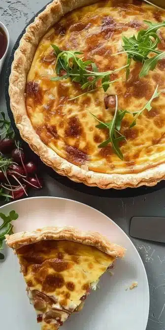Quiche Lorraine préparée au Thermomix avec ingrédients frais et présentée dans un plat.