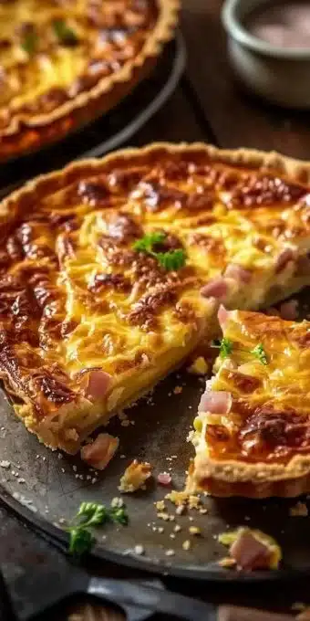 Quiche Lorraine sans lait servie avec une garniture délicieuse