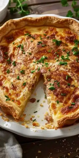 Quiche Lorraine Traditionnelle servie dans un plat en céramique avec des herbes fraîches