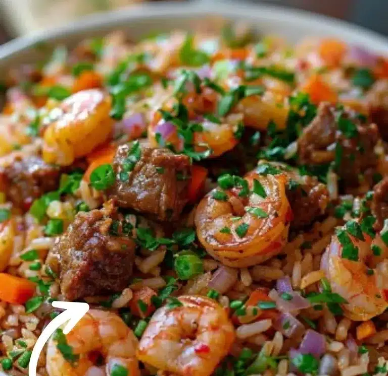 Riz Criollo aux Crevettes et Viandes, un plat coloré et savoureux.