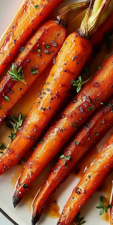 Carottes rôties au sirop d'érable sur une assiette rouge