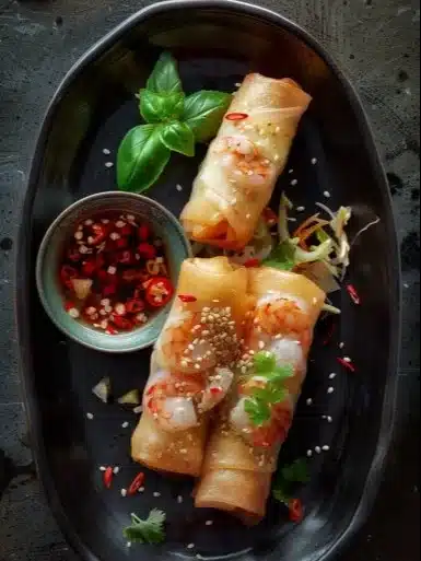 Rouleaux d'œufs croustillants garnis de crevettes et chou.