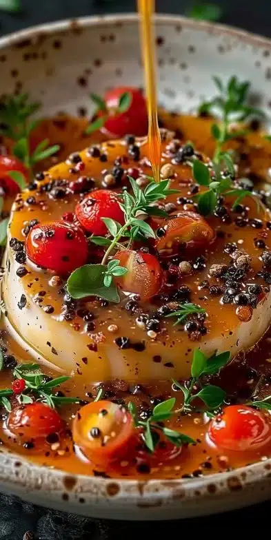 Sauce au poivre crémeuse servie sur un steak juteux.