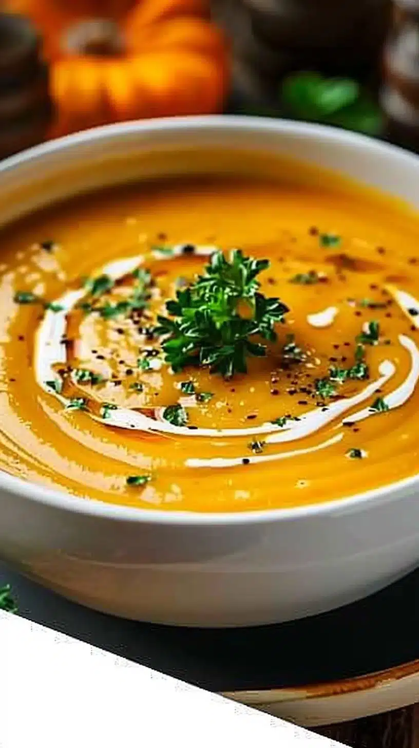 Bol de soupe de potiron au lait de coco avec décoration de coriandre