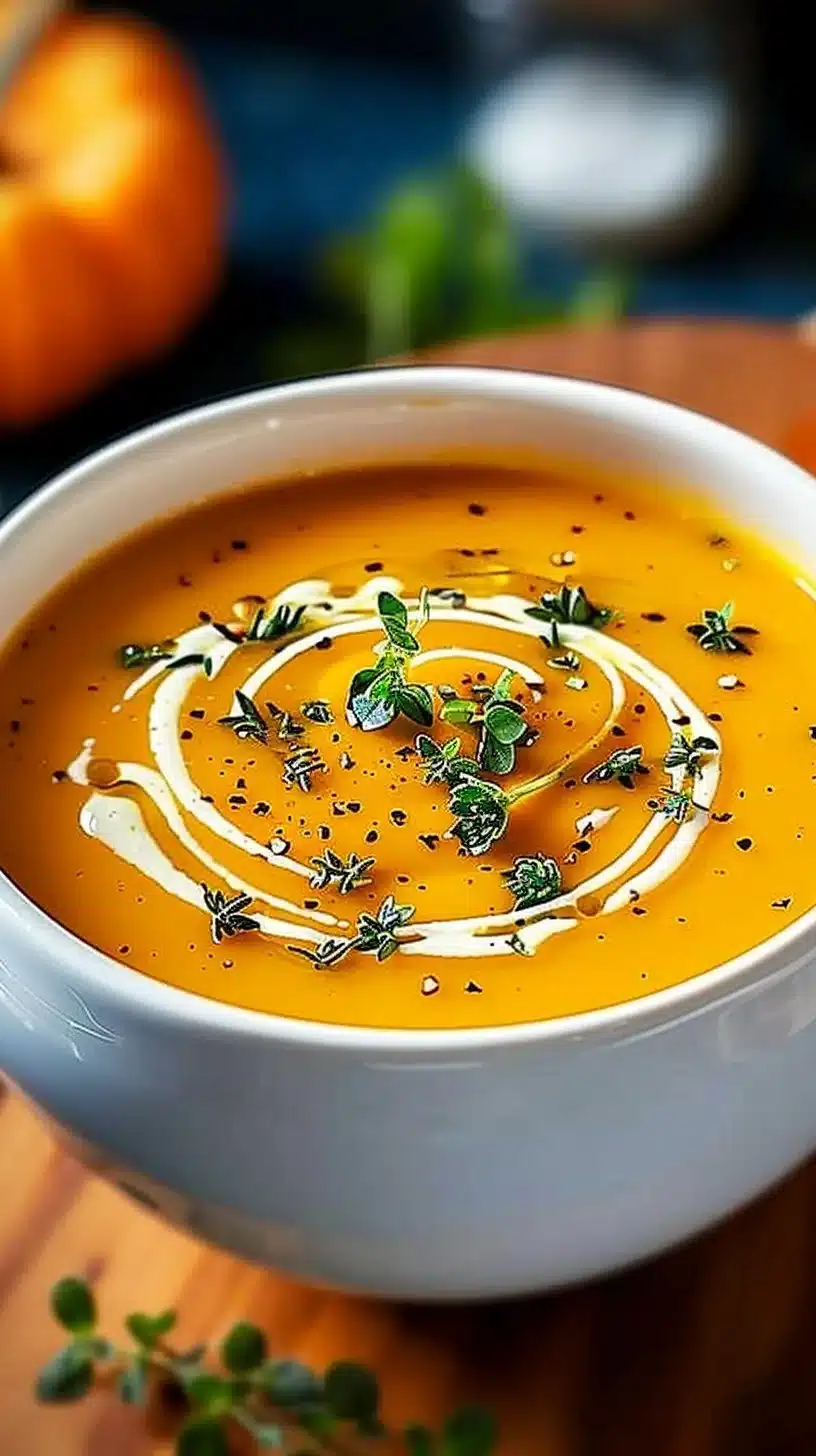 Soupe potimarron au lait de coco dans un bol accompagné de pain frais