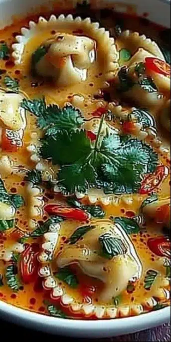 Soupe thaï au curry avec raviolis à la noix de coco dans un bol