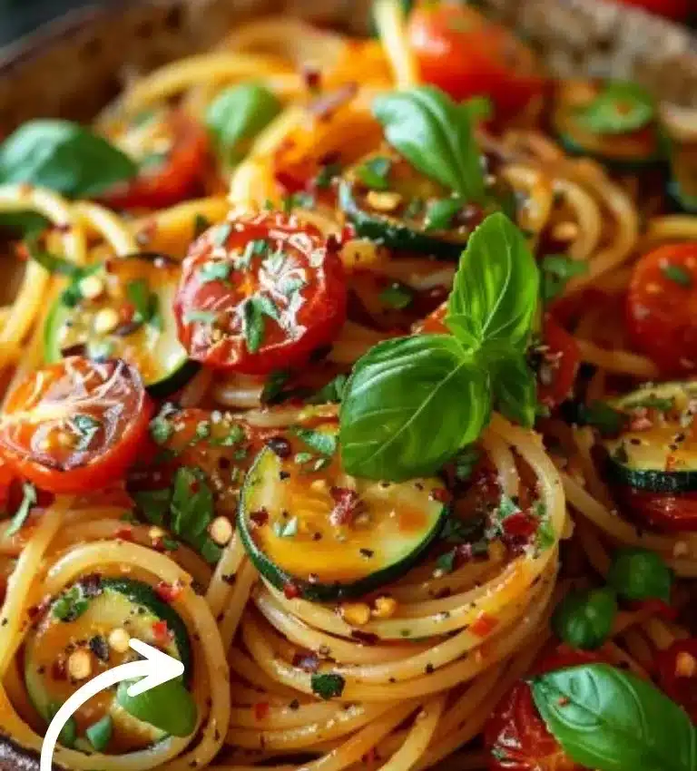 Spaghettis aux tomates et courgettes avec basilic frais, plat savoureux.