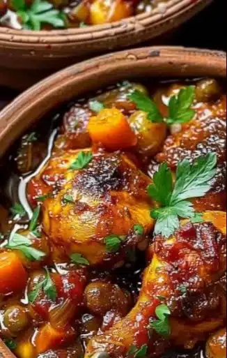 Un plat de Tajine de Poulet aux Épices, délicieusement présenté avec des légumes et des épices.