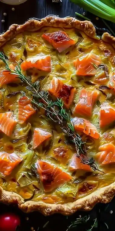 Tarte au poireau et saumon fumé, un plat savoureux et réconfortant.