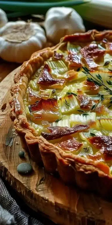 Tarte aux poireaux faite maison façon grand-mère, garnie de poireaux frais.