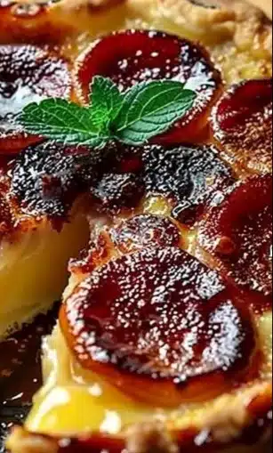 Tarte aux pommes façon crème brûlée garnie de caramel croquant sur le dessus.