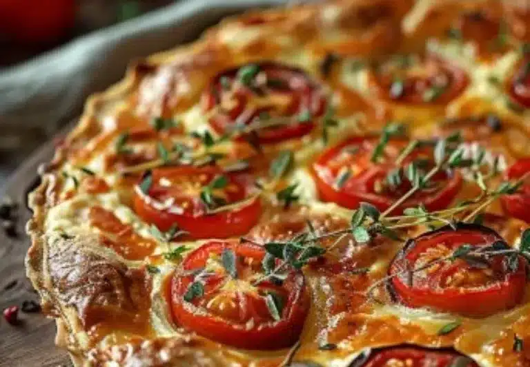 Tarte Provençale aux Tomates fraîchement cuite, garnie de légumes colorés.