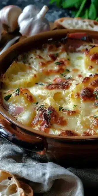 Plat de tartiflette au fromage reblochon, pommes de terre et lardons