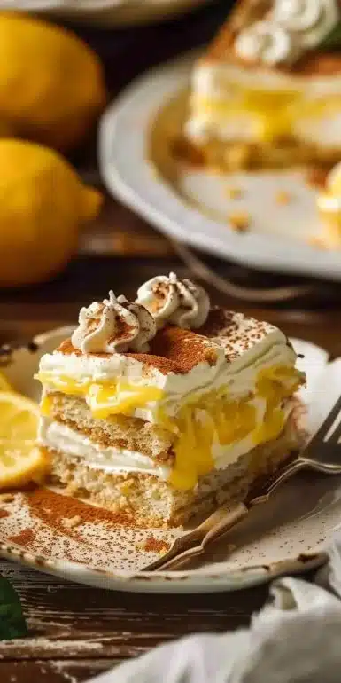 Tiramisu au Citron présenté dans un plat élégant, dessert crémeux et rafraîchissant