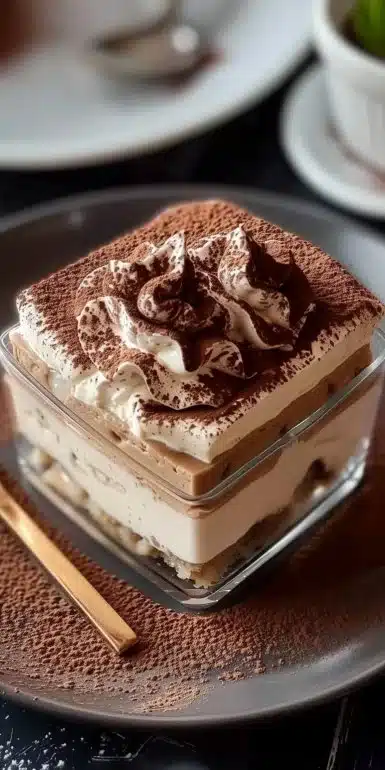 Tiramisu au Kinder avec une couche crémeuse et des biscuits savoureux