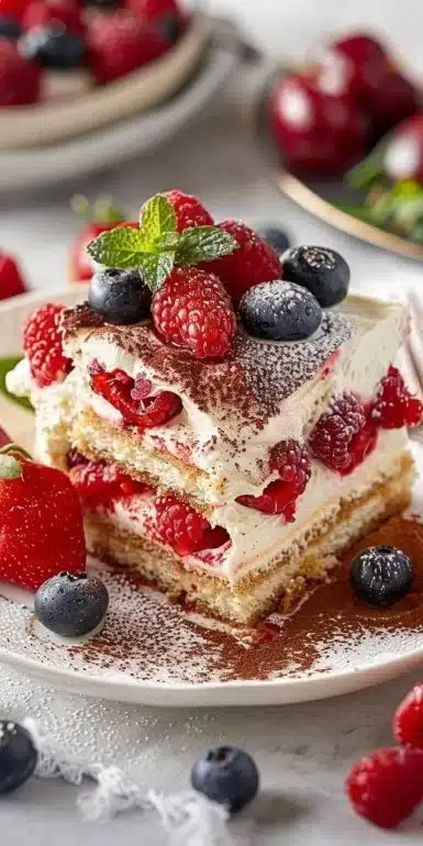 Tiramisu aux fruits rouges avec couches de mascarpone et biscuits