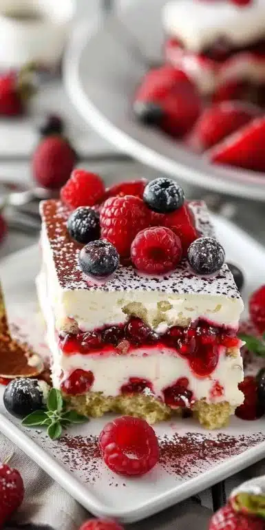 Tiramisu aux fruits rouges garni de fraises et framboises
