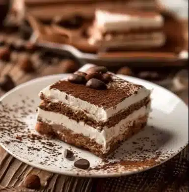 Tiramisu Kinder Bueno crémeux et délicieux, parfait pour les amateurs de chocolat.