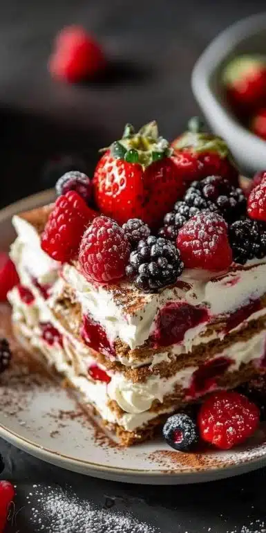 Tiramisu revisité aux fruits rouges, dessert crémeux avec des fruits frais