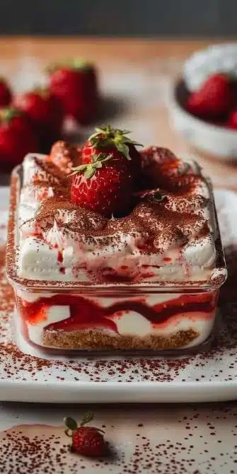 Tiramisu végétalien aux fraises sur un plat