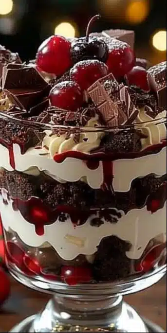 Trifle de Forêt Noire au chocolat, dessert festif de Noël prêt à servir.