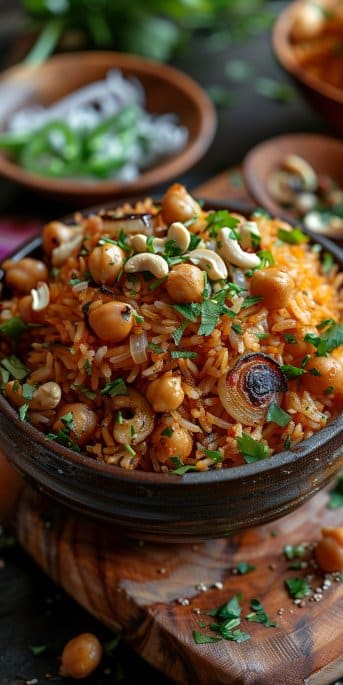 Spicy Rice with Chickpeas, Cashews, and Grilled Onions