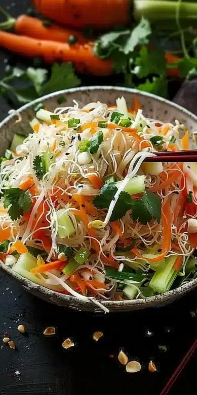Asian salad with rice vermicelli, carrots, and celery.