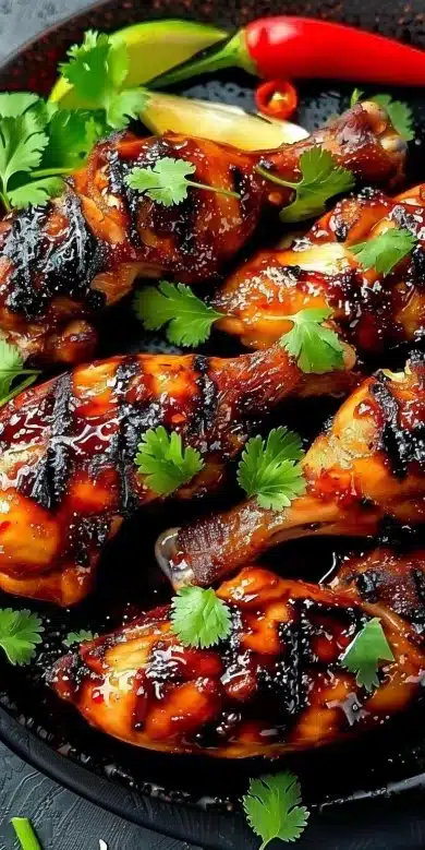 Poulet grillé vietnamien servi avec des herbes fraîches et des légumes colorés.