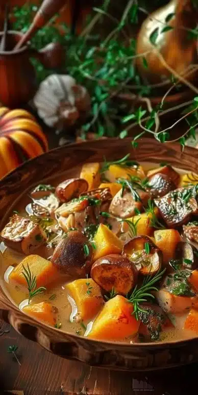 Blanquette de Dinde aux Marrons et Potiron servie dans une assiette