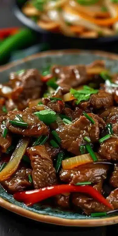 Plat de Bœuf Sauté aux Oignons servi avec légumes frais