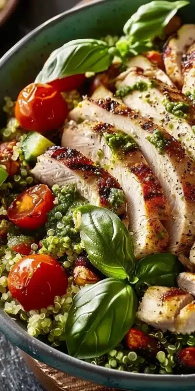 Bol bouddha Quinoa Poulet Pesto avec légumes frais et sauce pesto