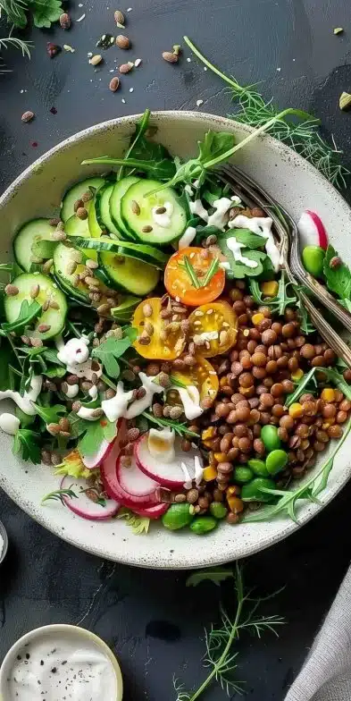 Bol de Bouddha aux Lentilles avec des légumes frais et des épices