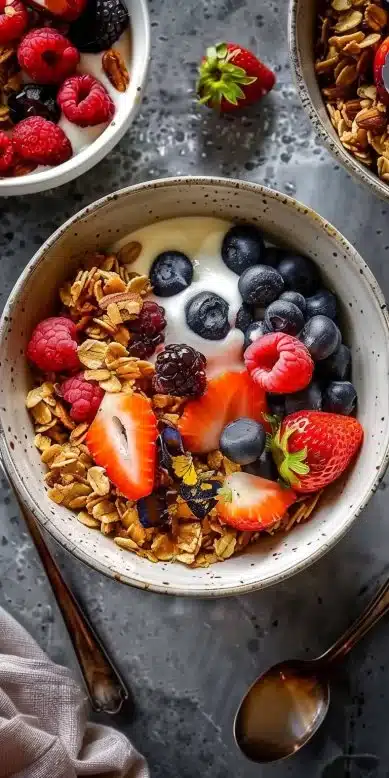 Bol de petit-déjeuner protéiné avec fruits et noix