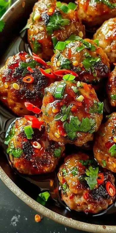 Boulettes épicées thaïlandaises garnies d'herbes fraîches