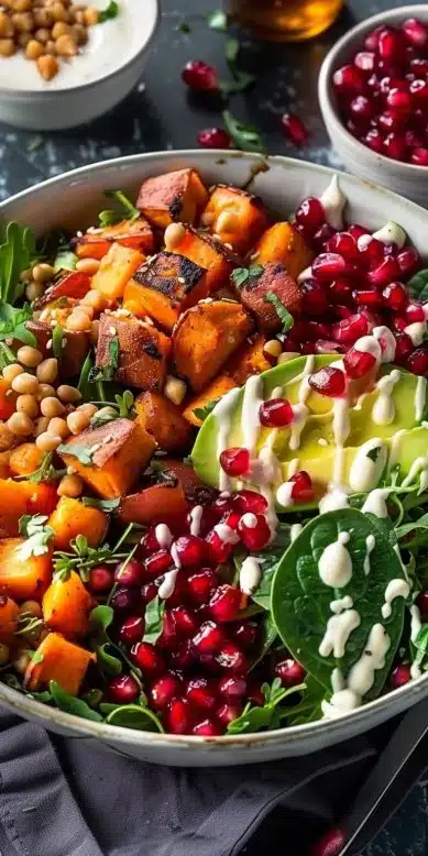 Buddha Bowl avec patate douce et pomegranate, plat sain et coloré