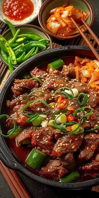 Bulgogi de Porc Épicé Coréen préparé avec des ingrédients frais et épicés.