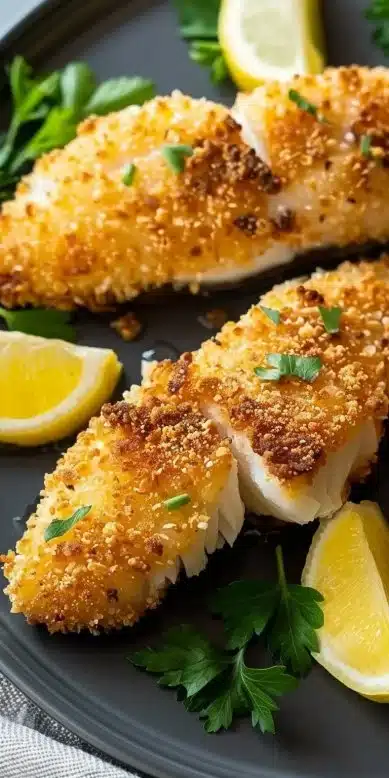 Filet de cabillaud cuit dans l'airfryer, doré et savoureux, servi avec des garnitures