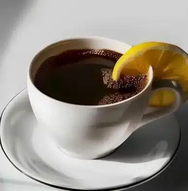 Tasse de Café au Citron Détox sur une table en bois, une boisson rafraîchissante pour la santé.