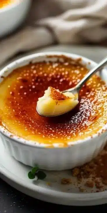 Crème brûlée maison servie dans un ramequin avec une croûte caramélisée dorée.