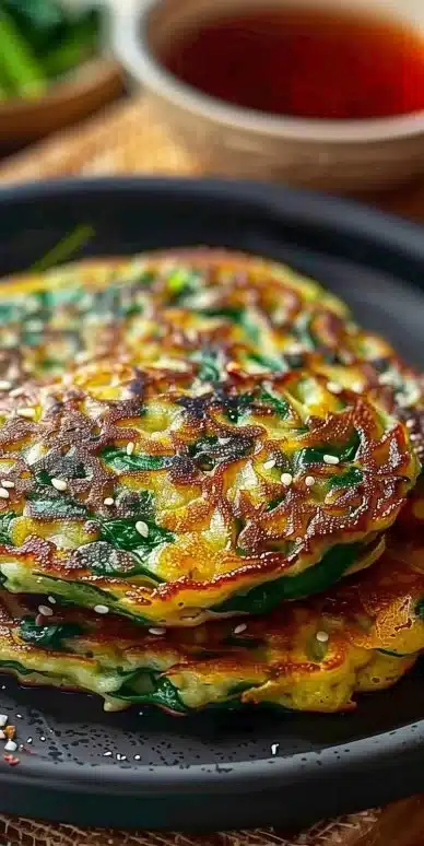 Crêpes coréennes aux blettes (Sigeumchi Jeon) servies sur une assiette