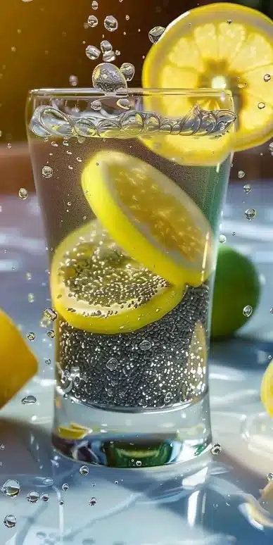 Bouteille d'Eau de Chia au Citron, boisson saine et rafraîchissante.